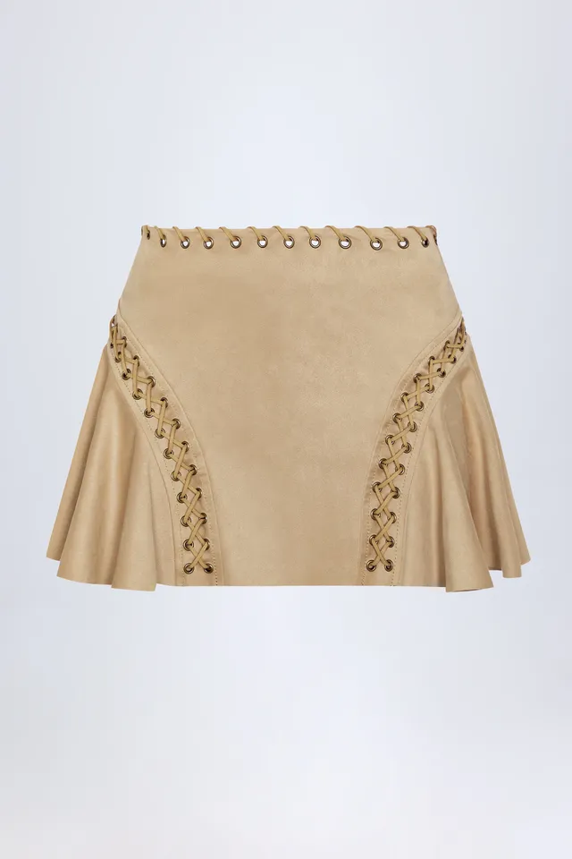 Oh Polly Jalsa Mini Jupe Camel Suédine Lacets Mi-Taille