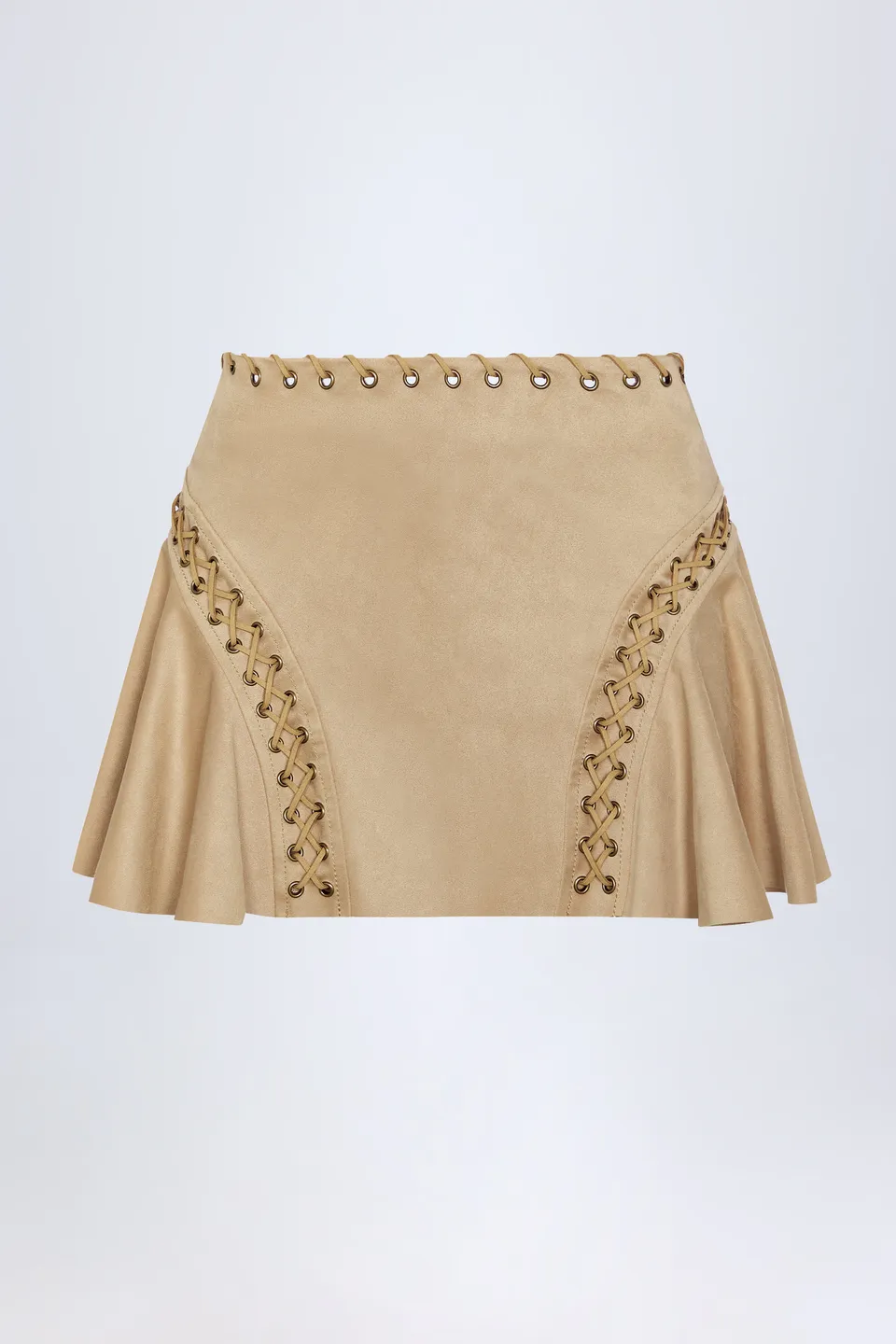 Oh Polly Jalsa Mini Jupe Camel Suédine Lacets Mi-Taille