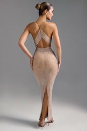 Oh Polly Embellished 9091 Robe Maxi Beige Strass Découpée