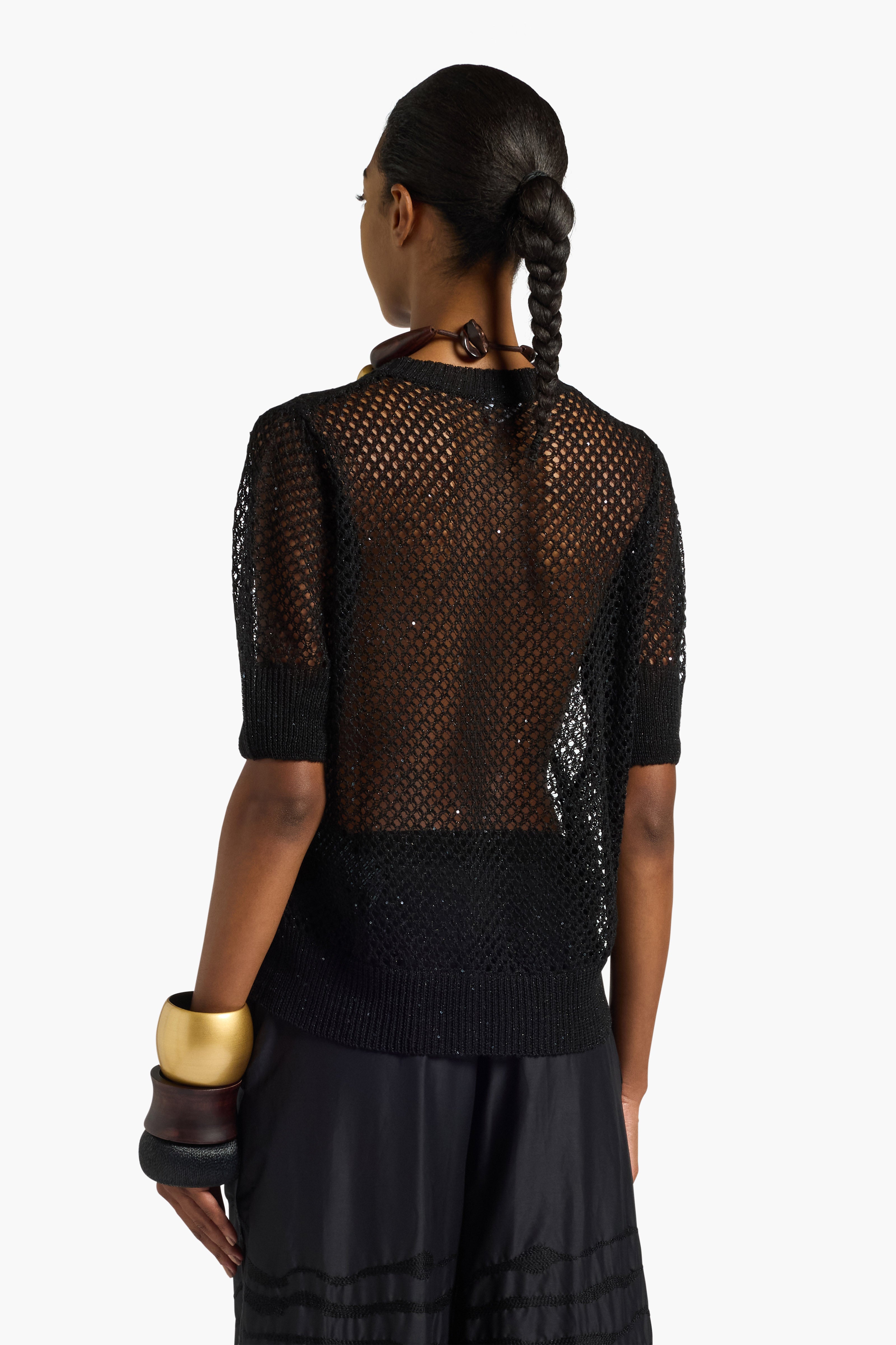 Liviana Conti Annalou pull ajouré noir manches courtes lin