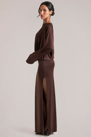 Oh Polly Dresses 15917 robe maxi marron chocolat drapée