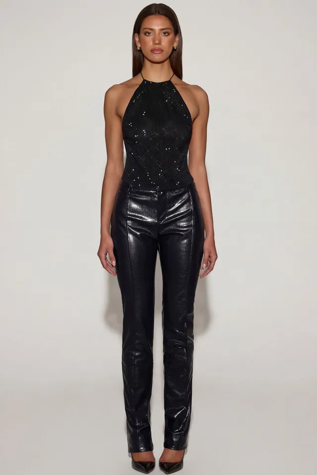 Oh Polly Trousers 14939 pantalon similicuir noir croco droit