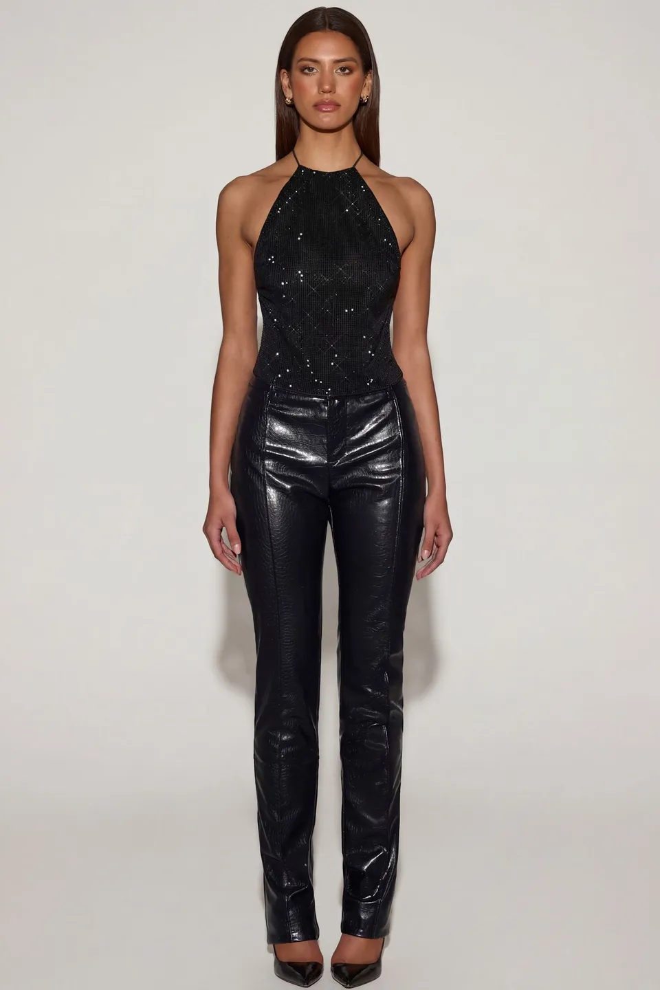 Oh Polly Trousers 14939 pantalon similicuir noir croco droit