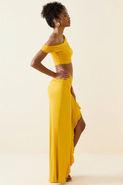 Oh Polly Imaan 11643 maxi jupe jaune volants fendue