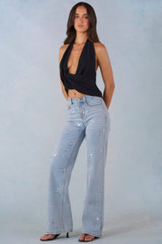 Oh Polly Mid-Rise Straight Jean Droit Denim Clair Fleurs