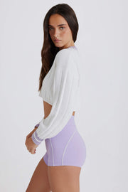 Oh Polly pull torsadé coton cropped lilas ivoire col V