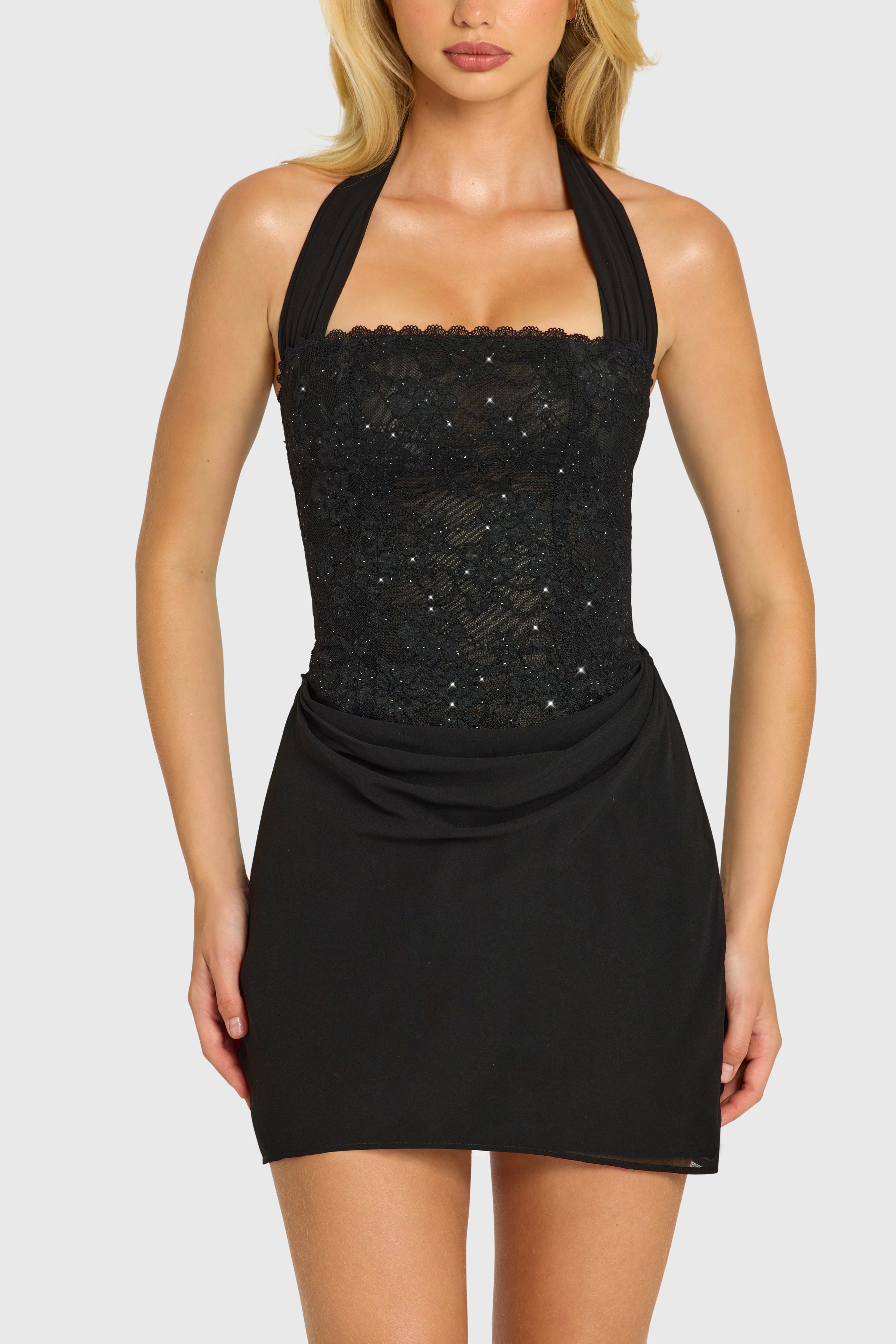 Oh Polly Rasha mini robe corset noire sequins dentelle