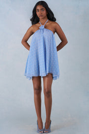Oh Polly Evania Mini Robe Babydoll Bleu à Pois