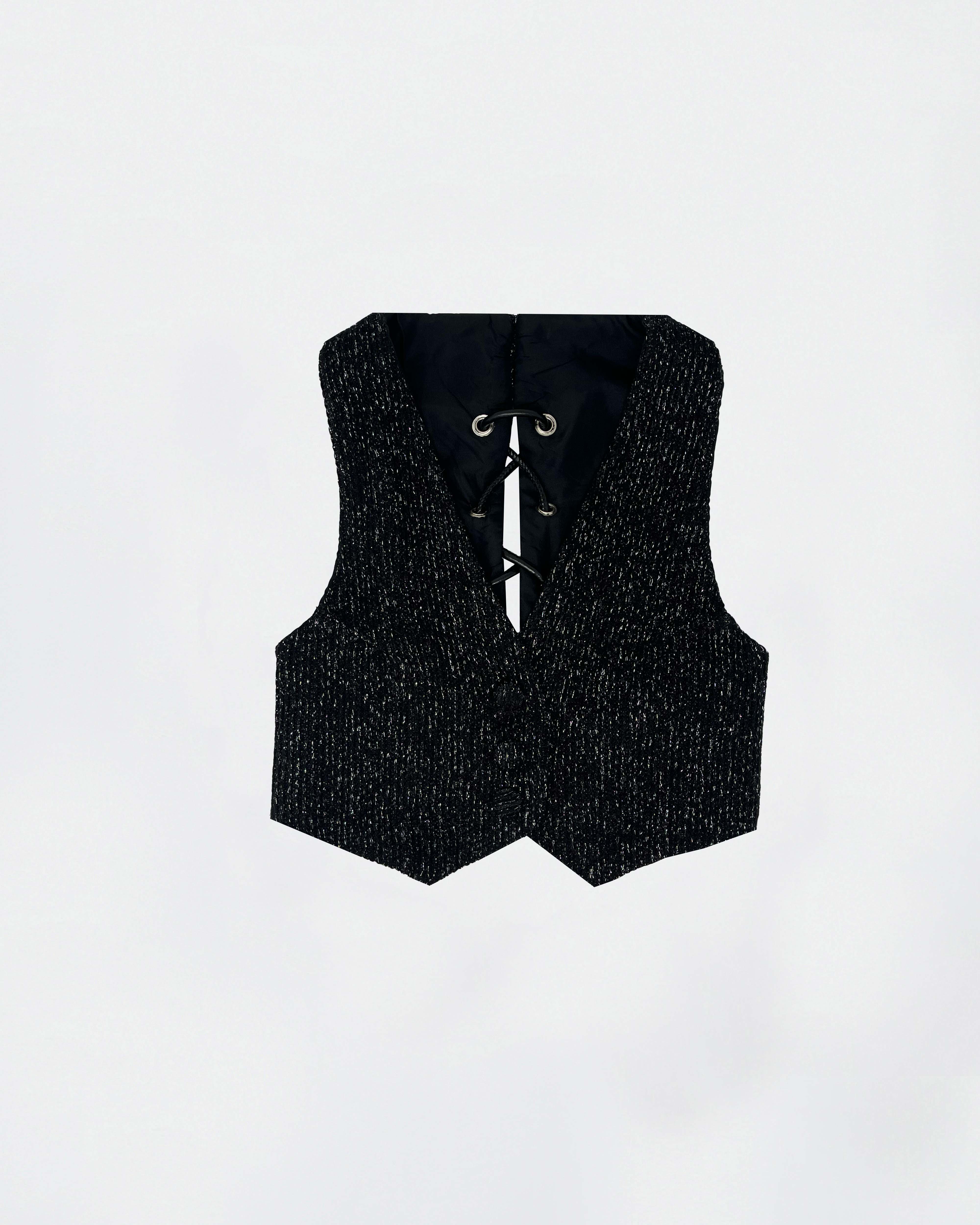 The Ethiquette Varo Vest gilet tweed dos lacé cuir