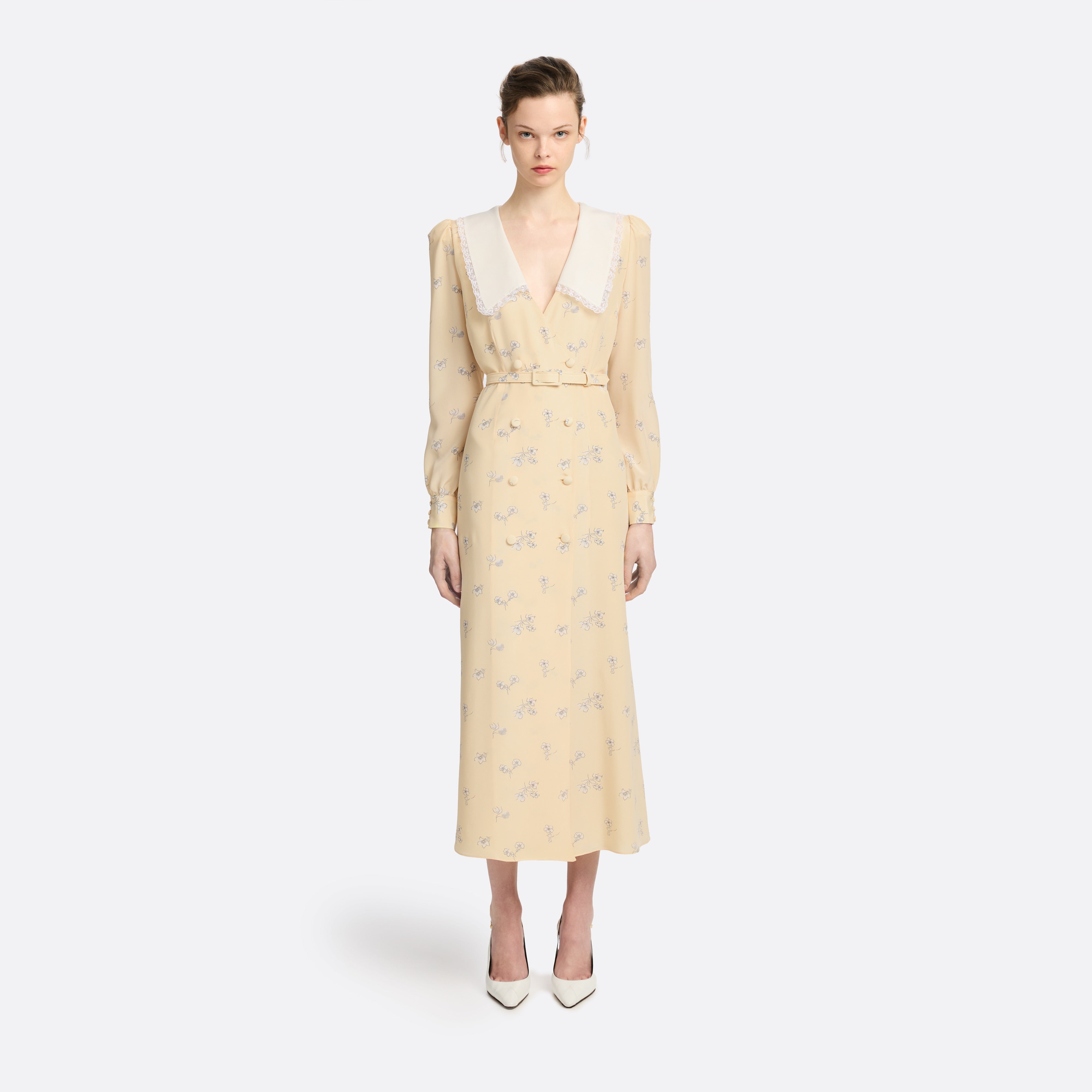 Alessandra Rich Silk Midi Dress with Collar robe midi jaune pâle soie