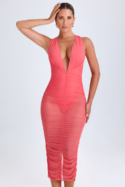 Oh Polly Safira Robe Midaxi Plongeante Corail Ruchée Mesh