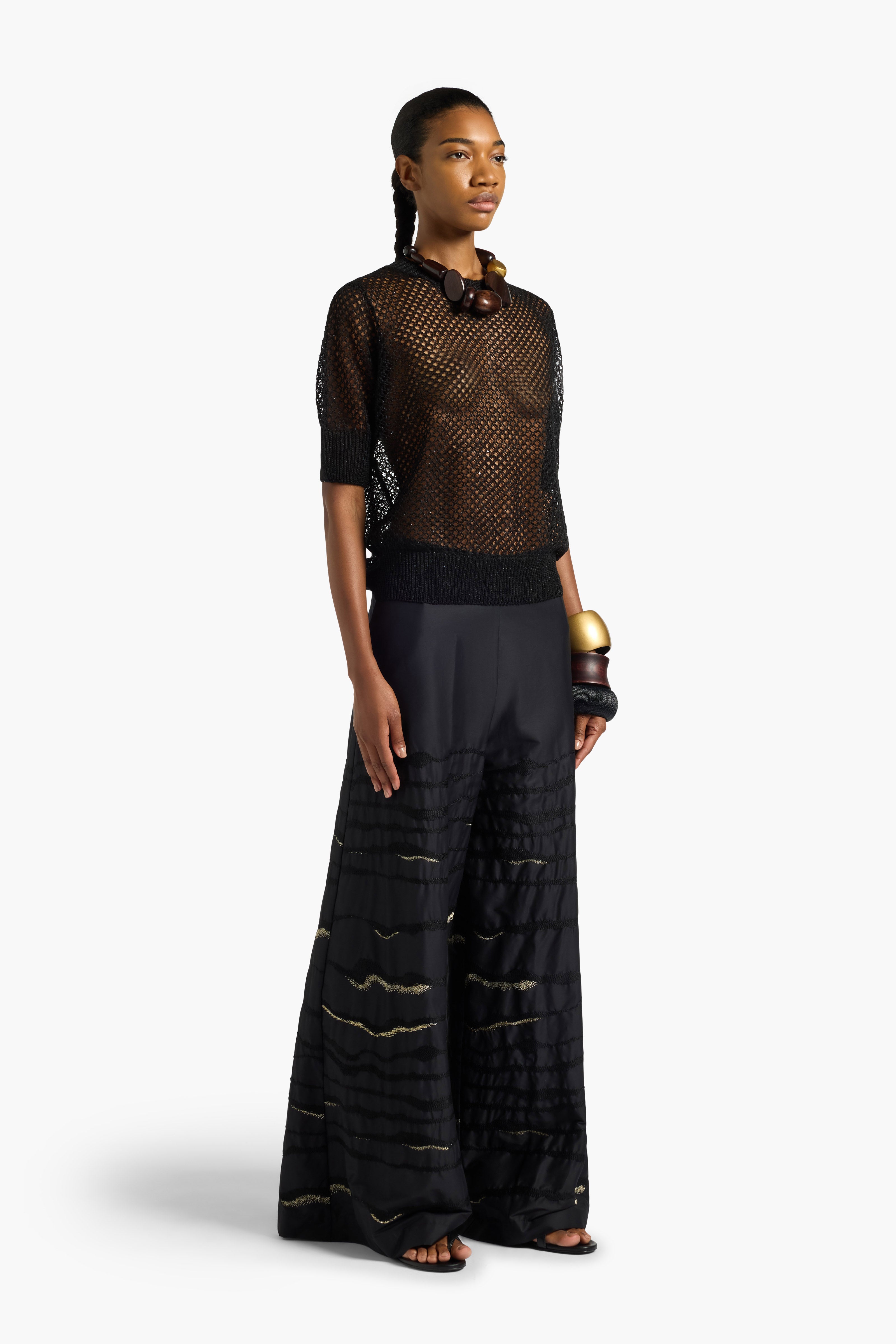Liviana Conti Annalou pull ajouré noir manches courtes lin