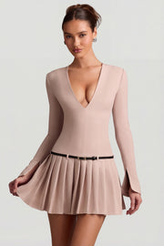 Oh Polly Fiorella robe mini plissée mushroom manches longues