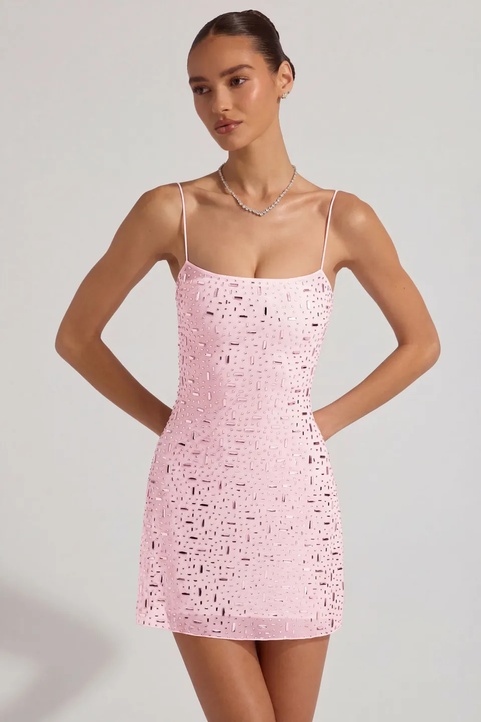 Oh Polly Averie Robe Rose Strass Mini Col Carré