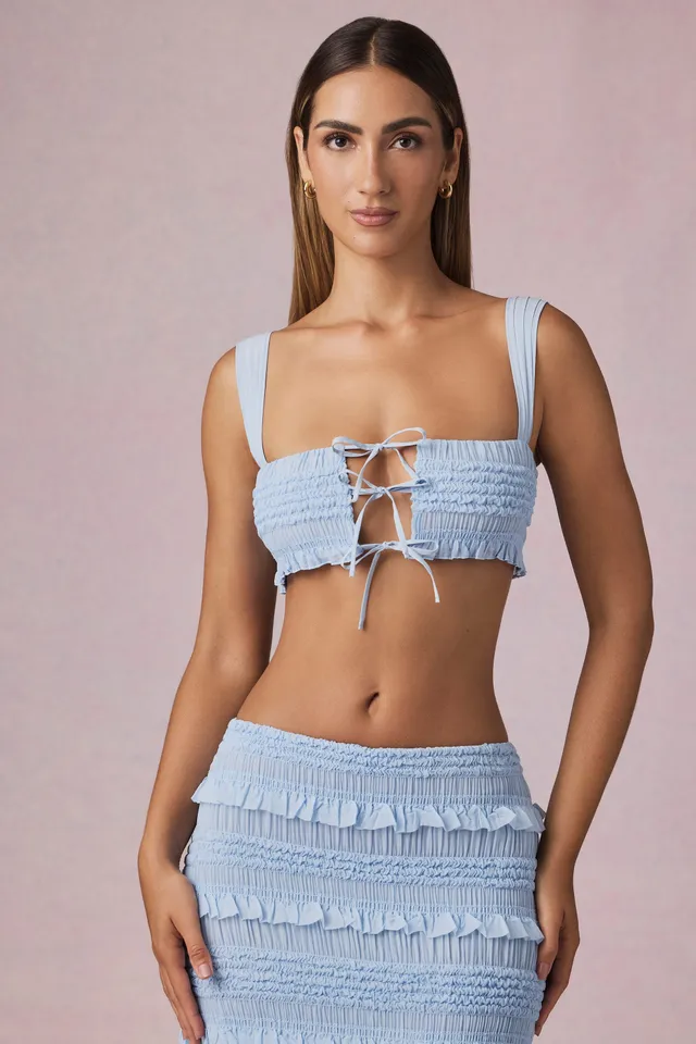 Oh Polly Tops Crop top noué 13326 bleu clair volants