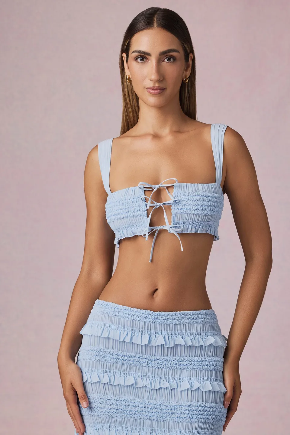 Oh Polly Tops Crop top noué 13326 bleu clair volants
