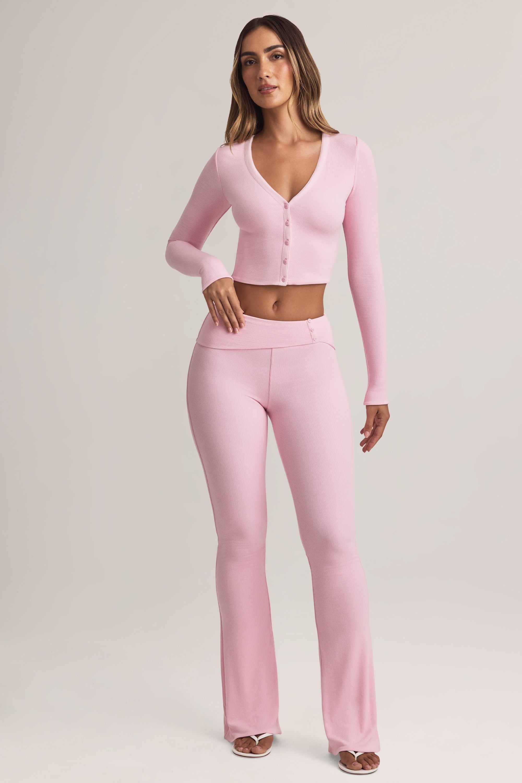 Oh Polly Bebe pantalon évasé rose pastel modal stretch