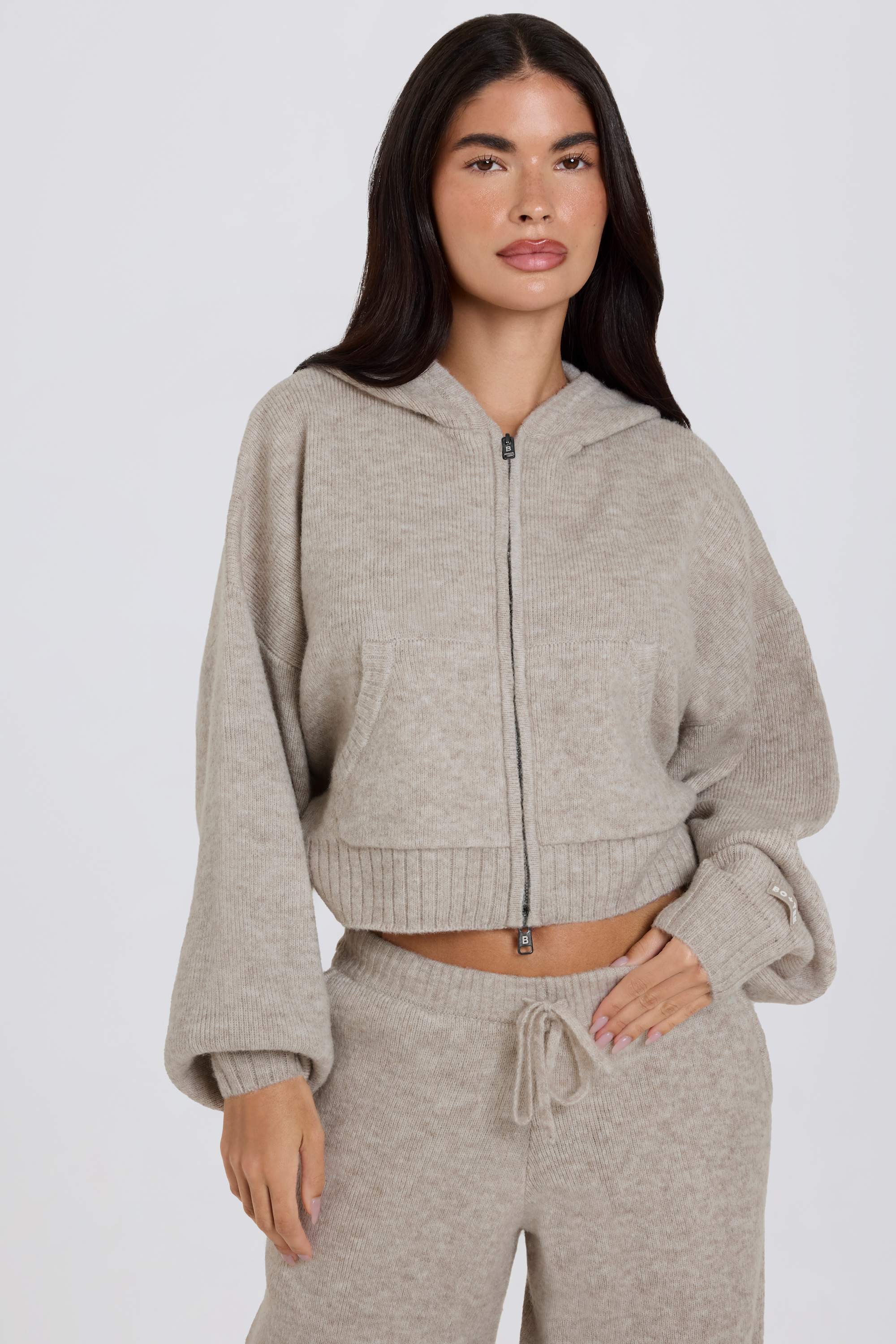 Oh Polly Knitwear BT02527 hoodie crop zip beige doux