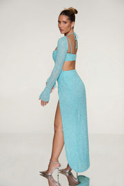 Oh Polly Champel 6139 robe maxi aquamarine perlée