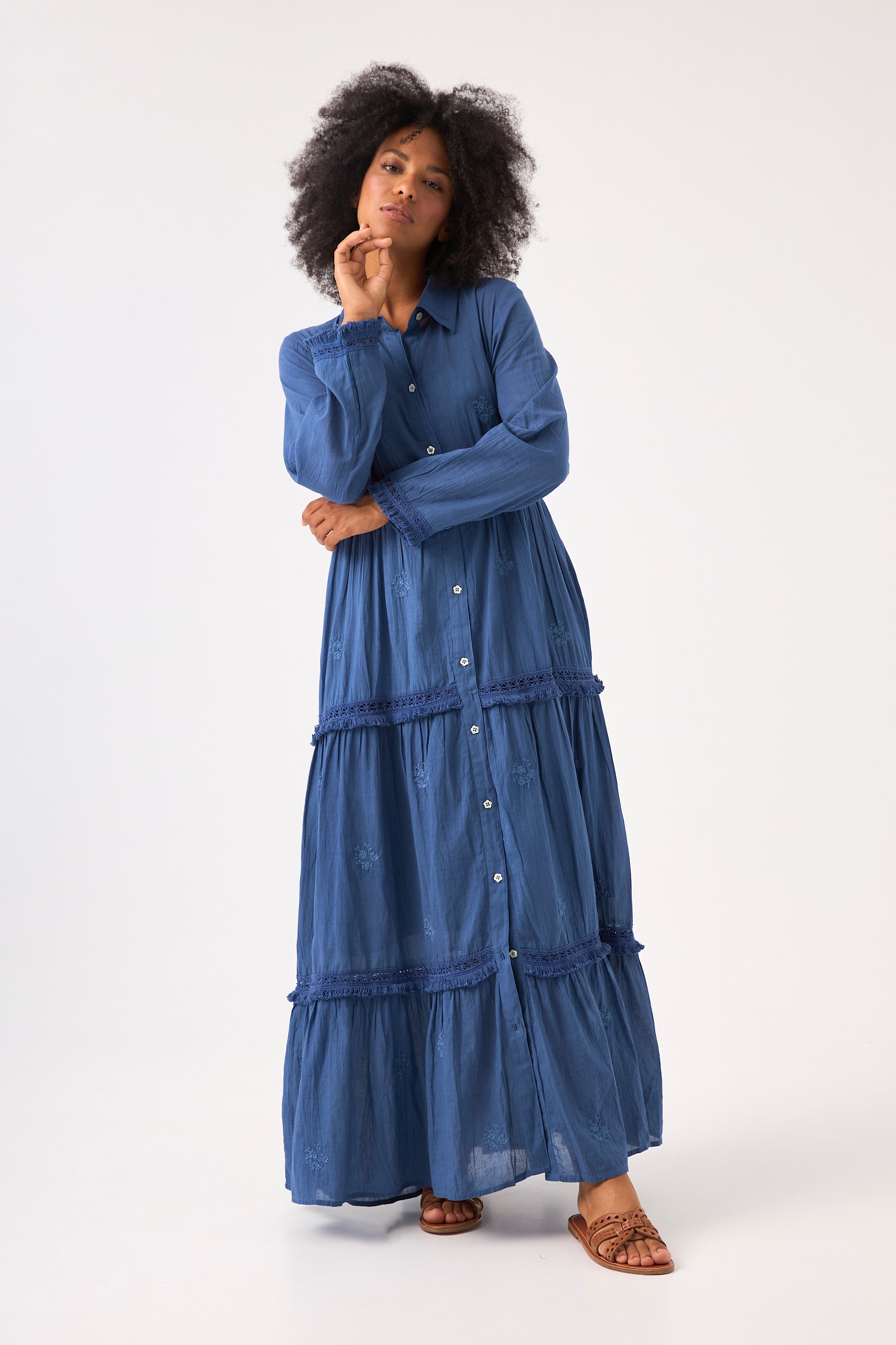 Chicosoleil Robes Selena robe longue coton bleu drone