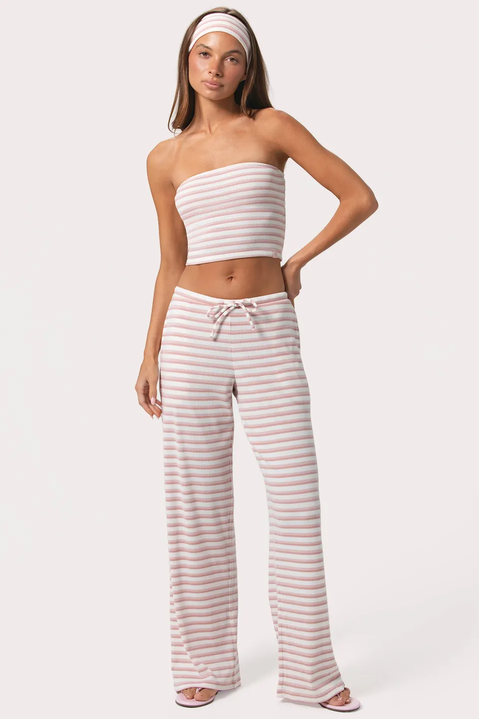 Oh Polly Ribbed Jersey Low-Rise Pantalon Rose Rayé Taille Basse