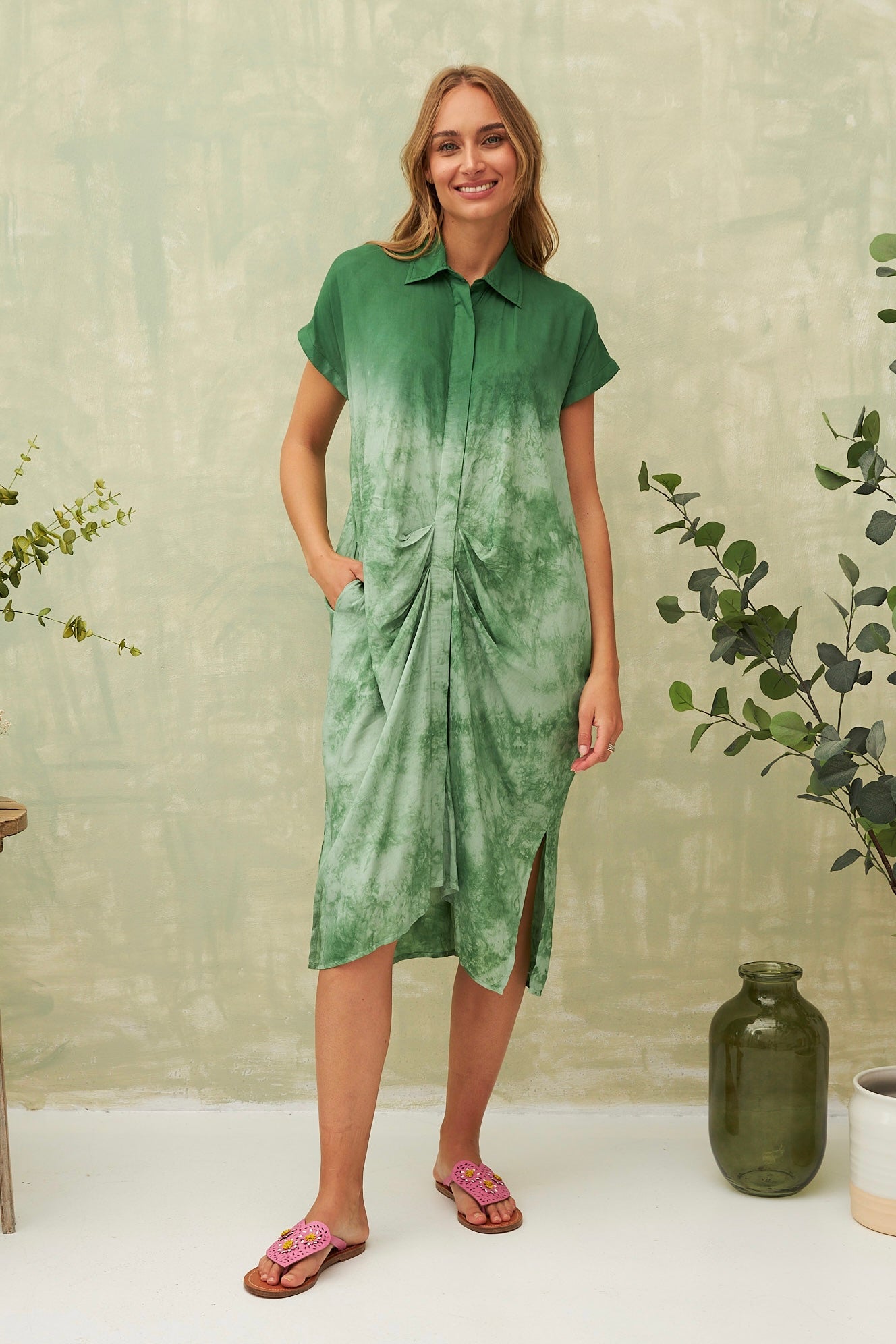 Chicosoleil Yuna robe mi-longue tie and dye vert coton