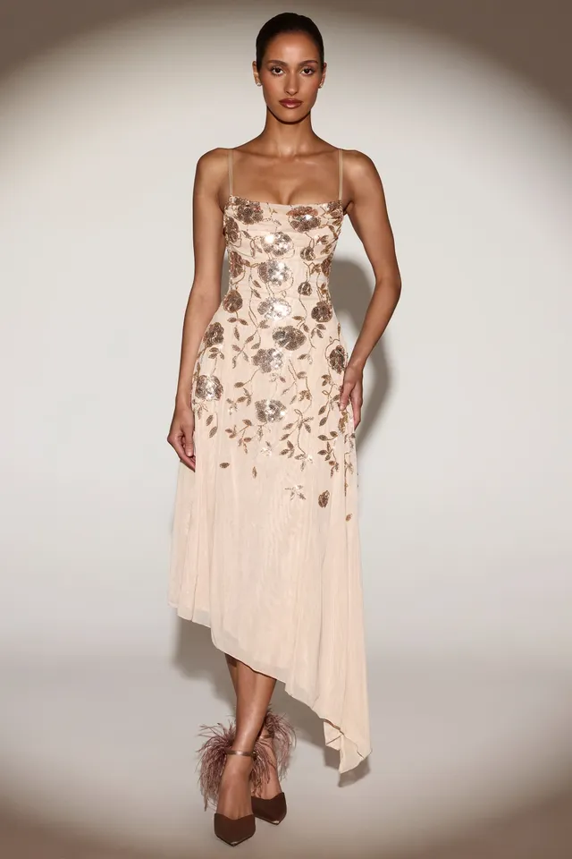 Oh Polly Zelina robe sequins Gold asymétrique midaxi bretelles