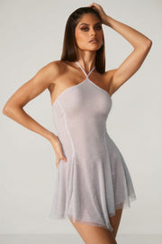 Oh Polly Juni Mini Robe Argentée Strass Dos Lacé