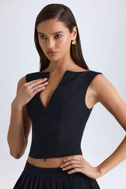 Oh Polly Kadie Crop Top Noir Col V Structuré Tissé Stretch