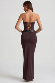 Oh Polly Liora jupe maxi marron chocolat rayée fendue