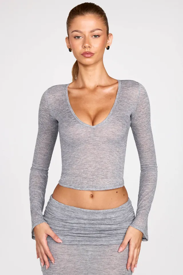 Oh Polly Liah top transparent gris plongeant manches longues