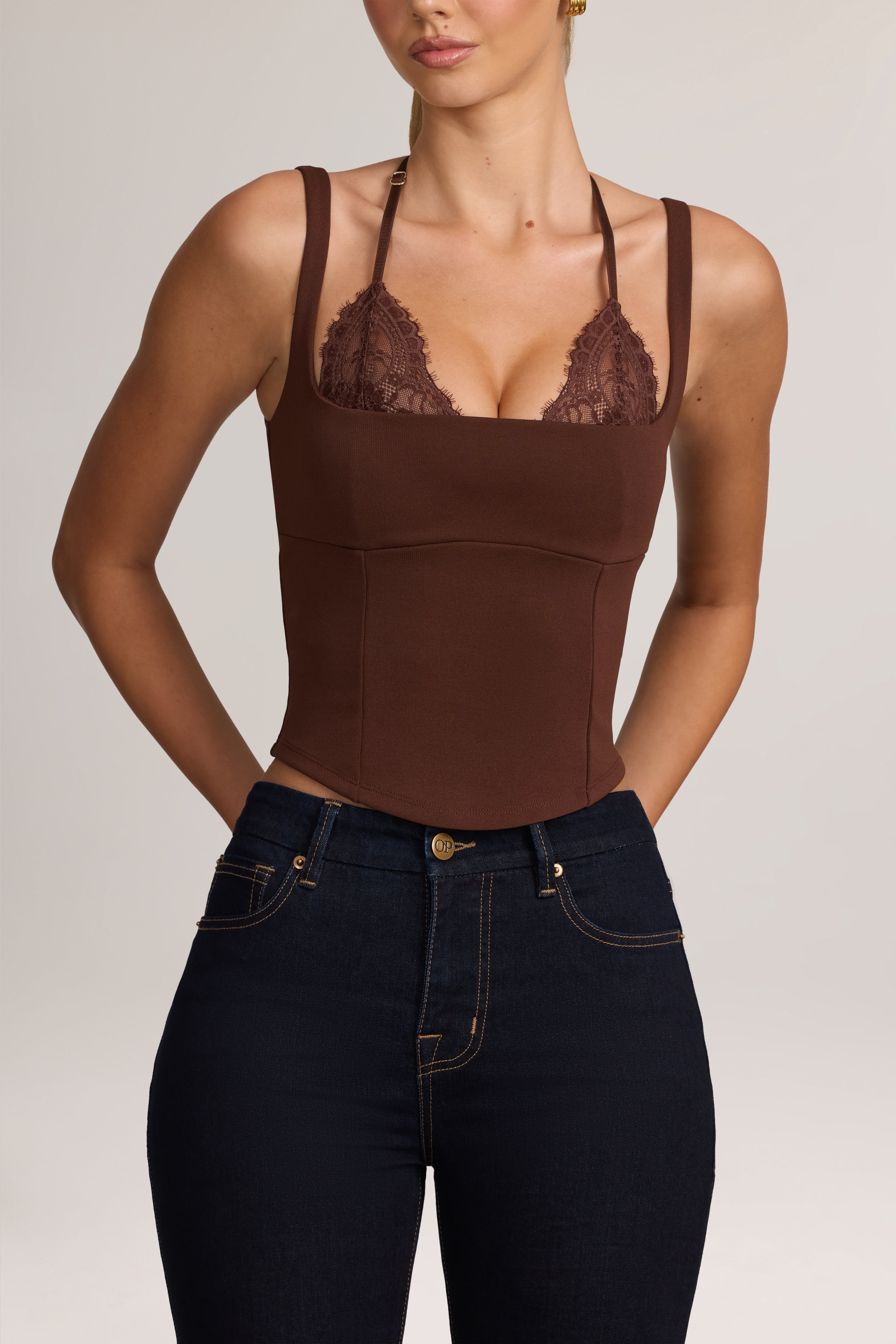 Oh Polly Albay tank top dentelle Cocoa Brown ponte