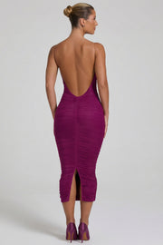 Oh Polly Dresses Alondra robe bodycon midaxi prune ruchée