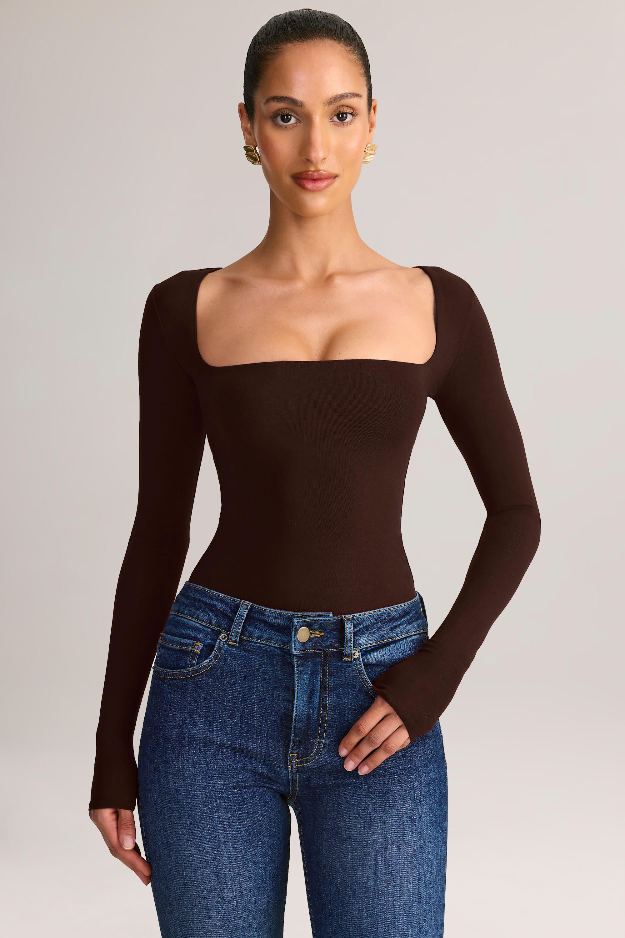 Oh Polly Kaia top col carré marron chocolat modal