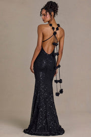 Oh Polly Embellished Plunge Gown robe noire sequins fleurs