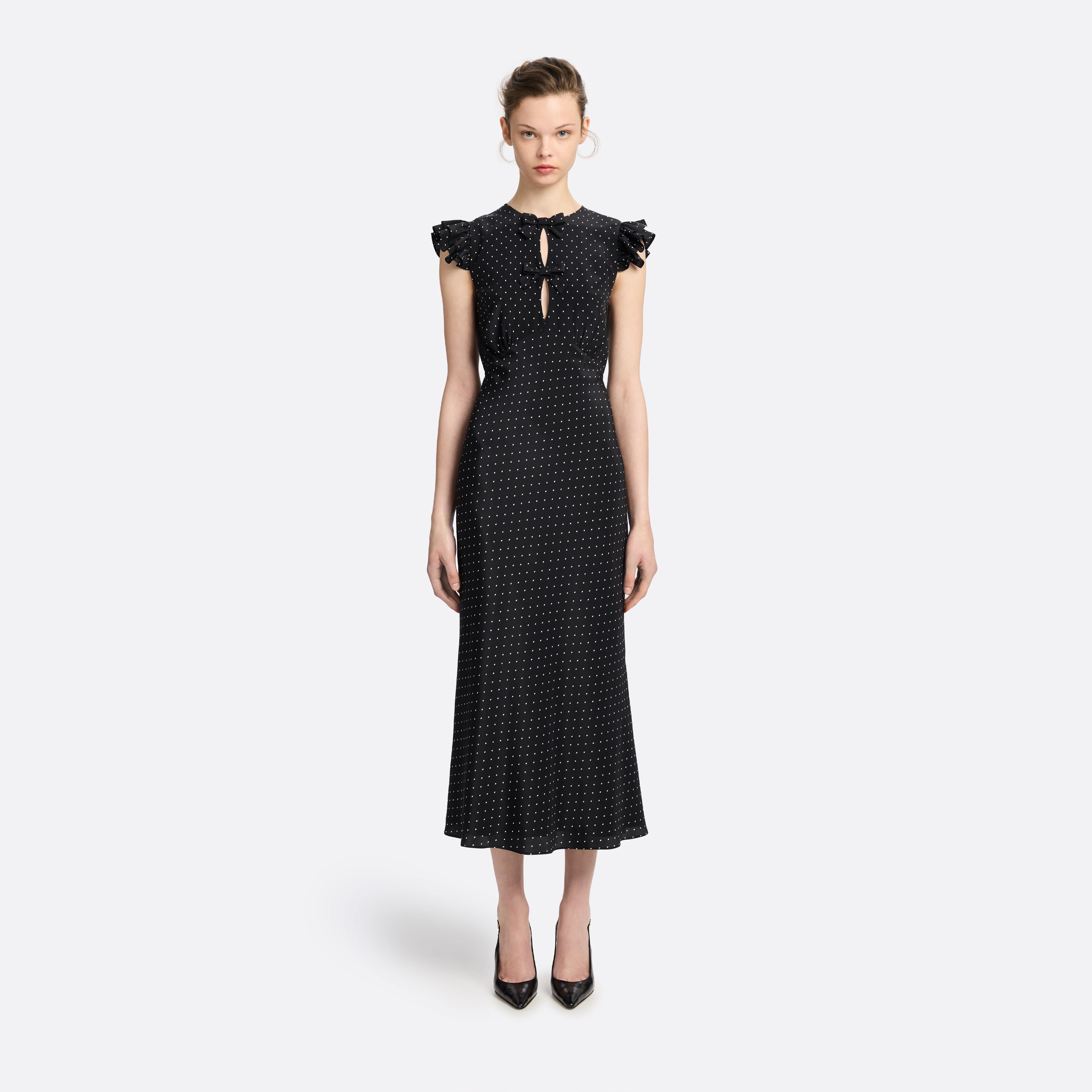 Alessandra Rich robe midi soie volants noir ivoire 36