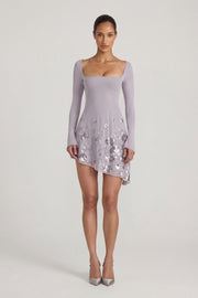 Oh Polly Lumiki robe soirée lilas asymétrique sequins