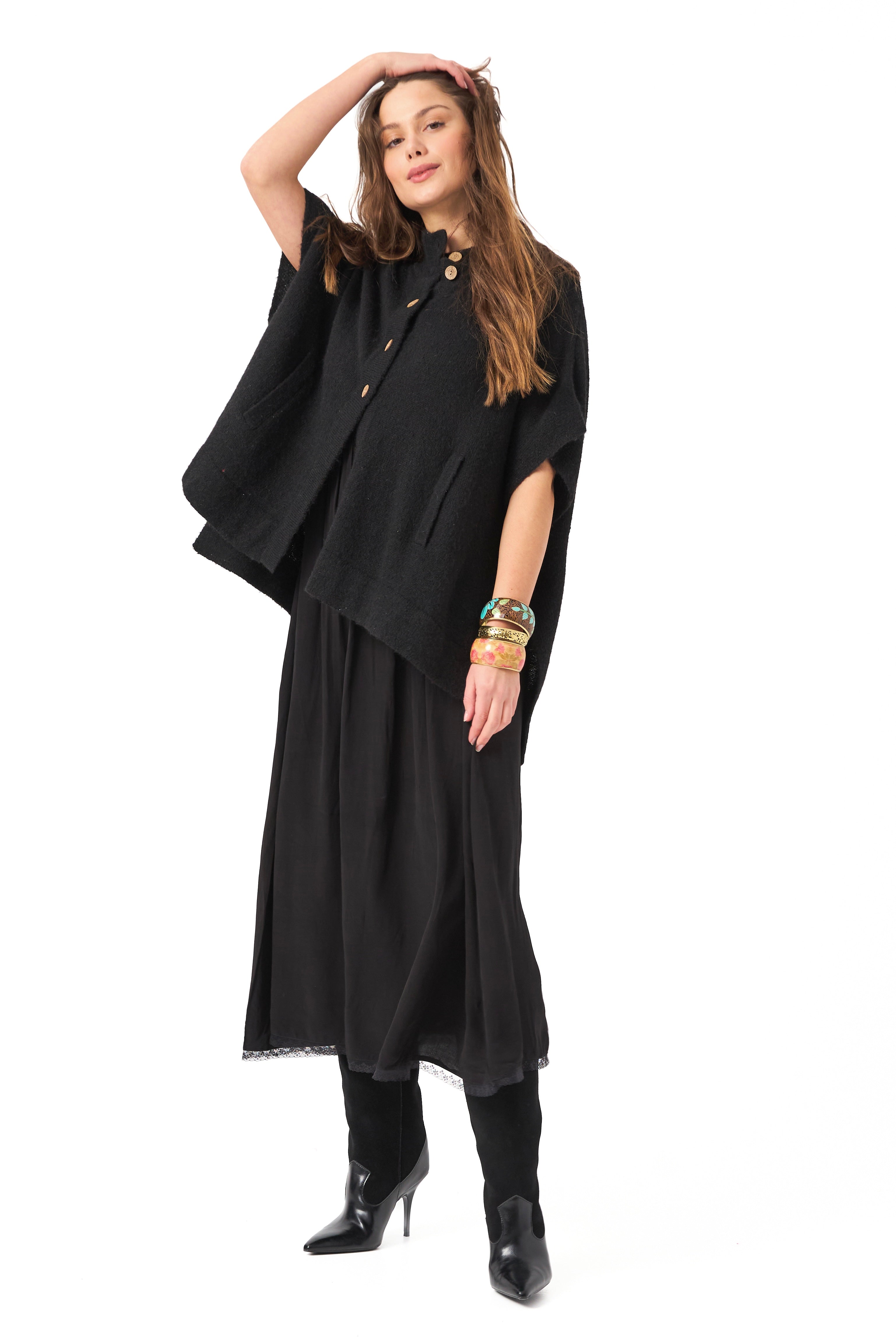Chicosoleil Achill poncho cardigan maille noire laine S/M-M/L