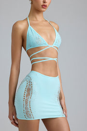 Oh Polly Joni Mini Jupe Taille Mi-Haute Bleu Glace Strass