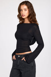 Oh Polly Nari Top Noir Transparent Dos Nu Manches Longues