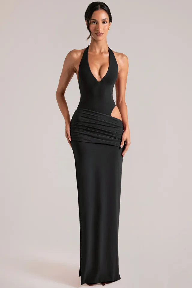 Oh Polly Deep Plunge Halterneck robe longue noire découpe
