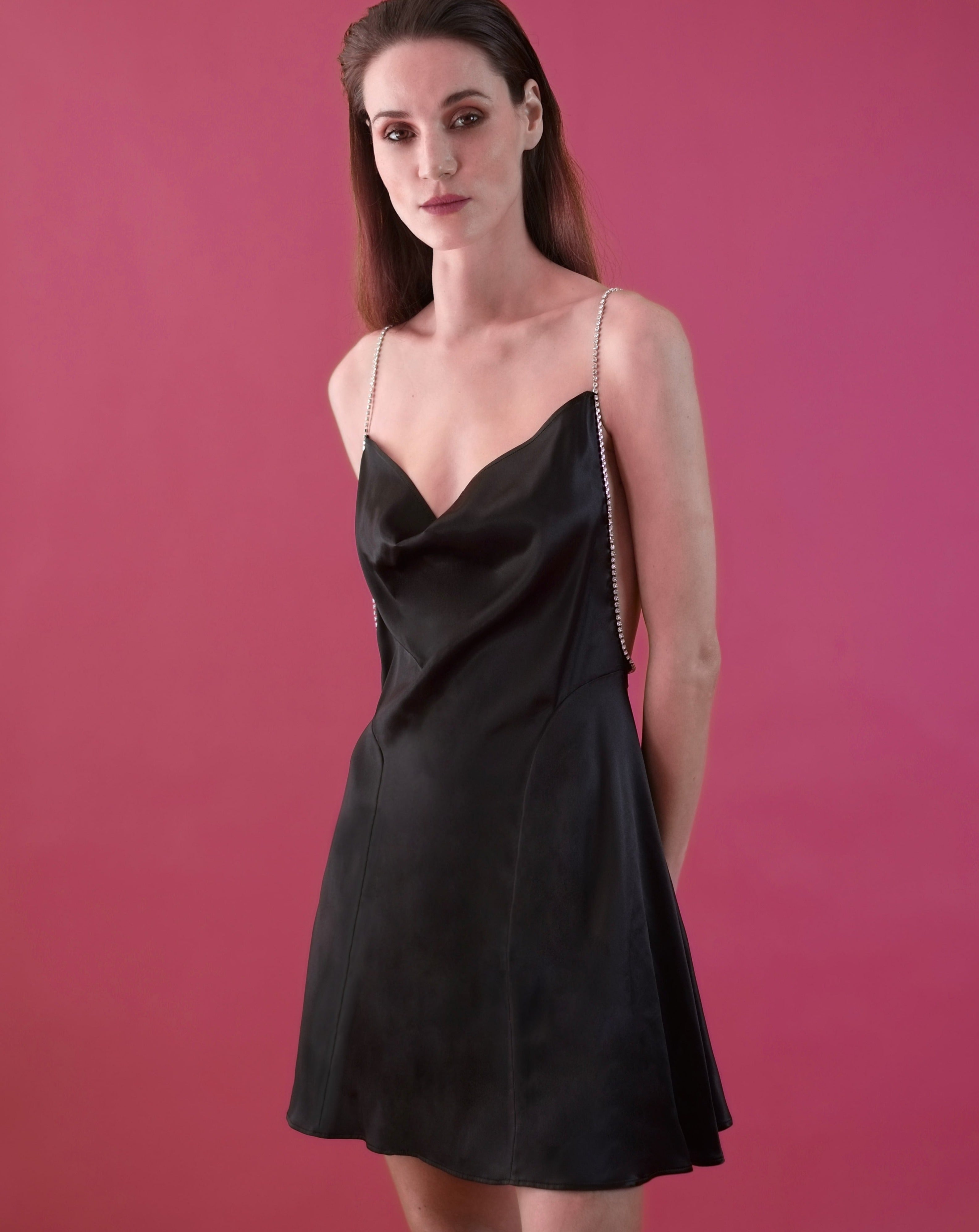 The Ethiquette Jenna Black Dress robe satin soie noire S