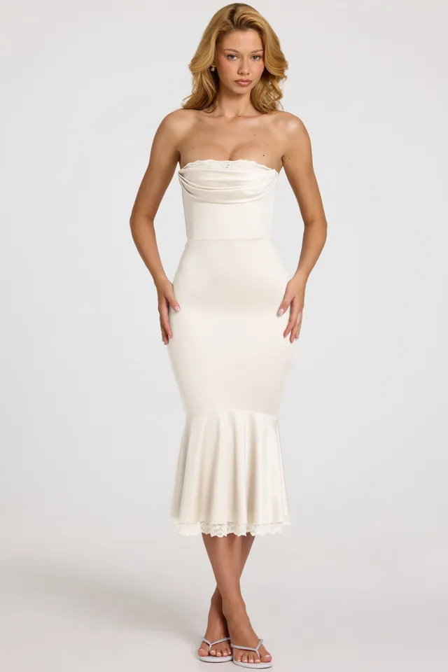 Oh Polly Belsa 15380 robe midi satin blanche bustier dentelle
