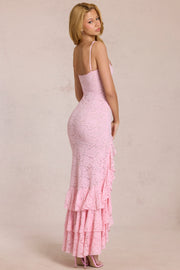 Oh Polly Celira robe longue dentelle rose blossom fente cuisse