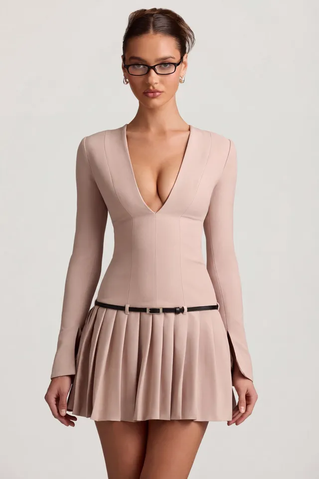 Oh Polly Fiorella robe mini plissée mushroom manches longues