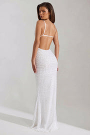 Oh Polly Nivalis robe maxi blanche dos nu à perles
