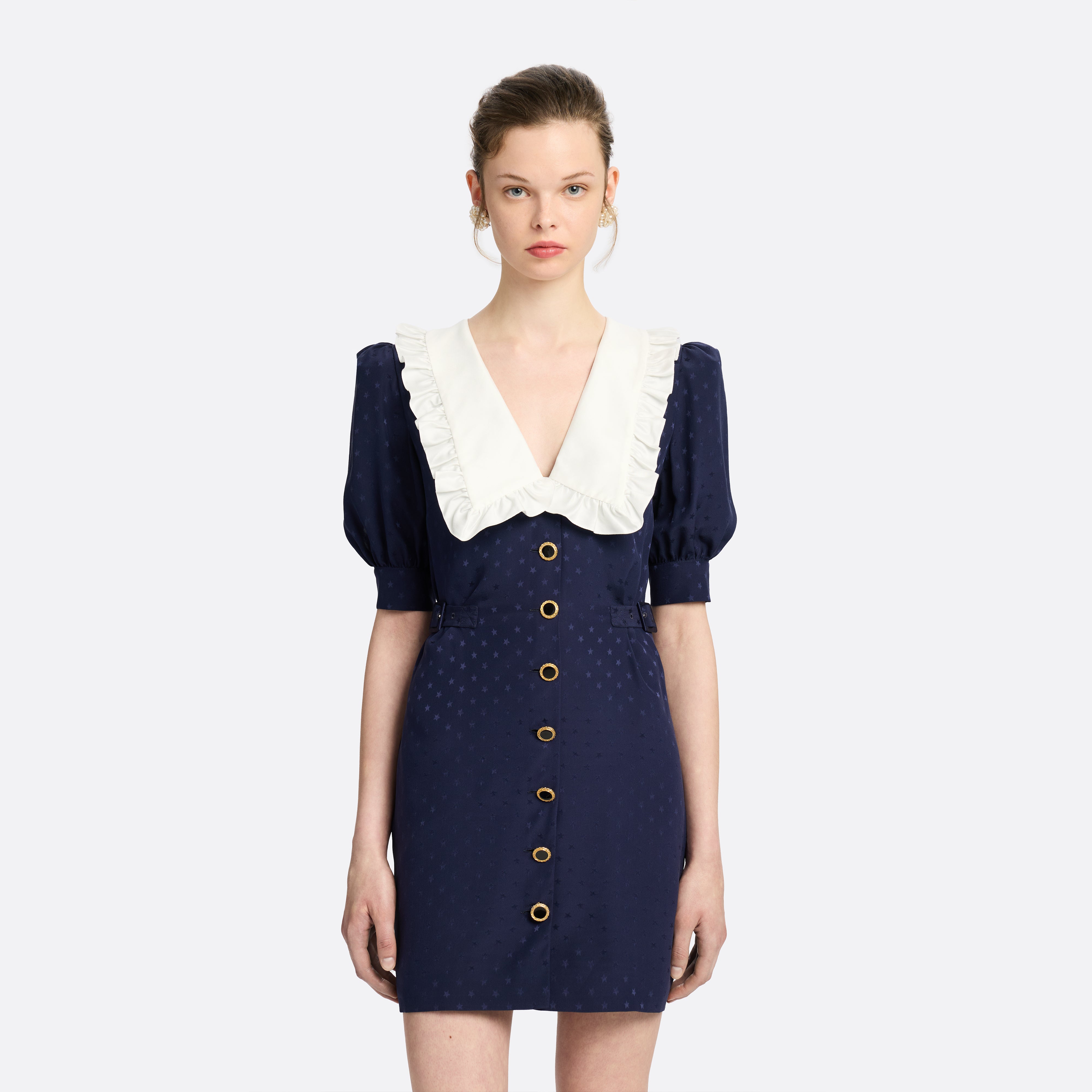 Alessandra Rich Silk Jacquard Mini Buckles robe mini bleu marine