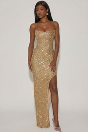 Oh Polly Embellished Kaleena robe corset dorée sequins fente