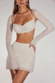 Oh Polly Lucerne Crop Top Ivoire Perles Manches Longues