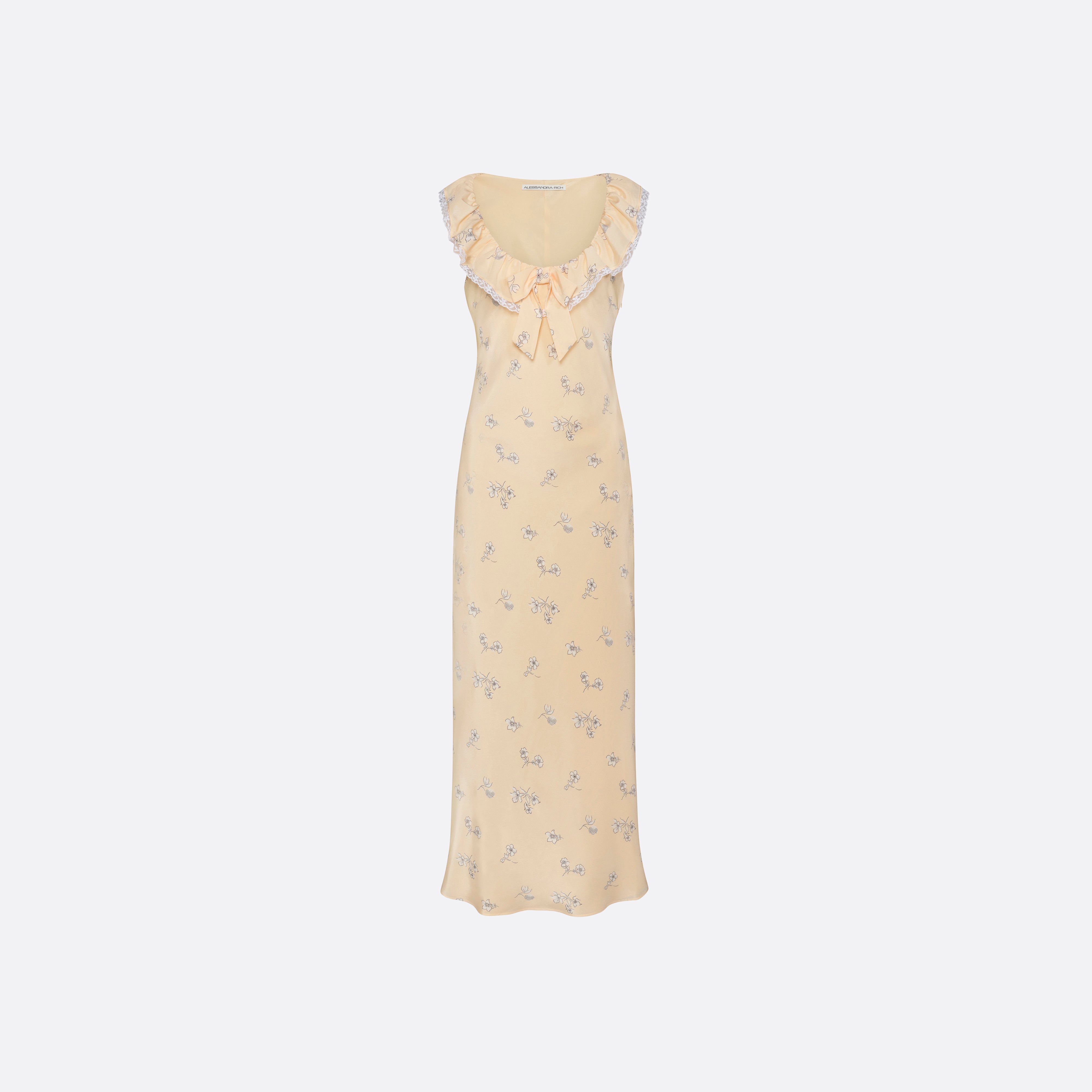 Alessandra Rich Silk Slip robe midi jaune pâle fleurie